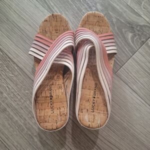 Woman's Lucky Brand Pink and Cream Crisscross Wedge Sandals Size 7.5